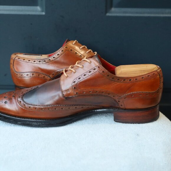 SALE - Jeffery-West 8-D US Brown Mens Wingtip Burnished Oxford Dress Shoes - Picture 7 of 15